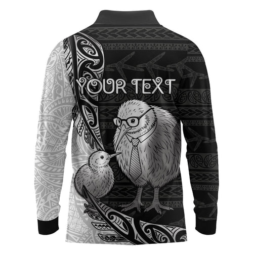 Personalised New Zealand Father's Day Long Sleeve Polo Shirt Papa Kiwi Bird Tribal Pattern