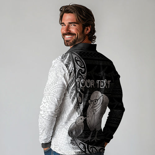 Personalised New Zealand Father's Day Long Sleeve Polo Shirt Papa Kiwi Bird Tribal Pattern