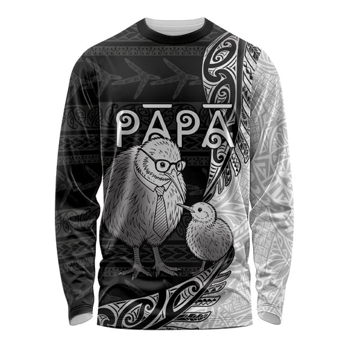 Personalised New Zealand Father's Day Long Sleeve Shirt Papa Kiwi Bird Tribal Pattern