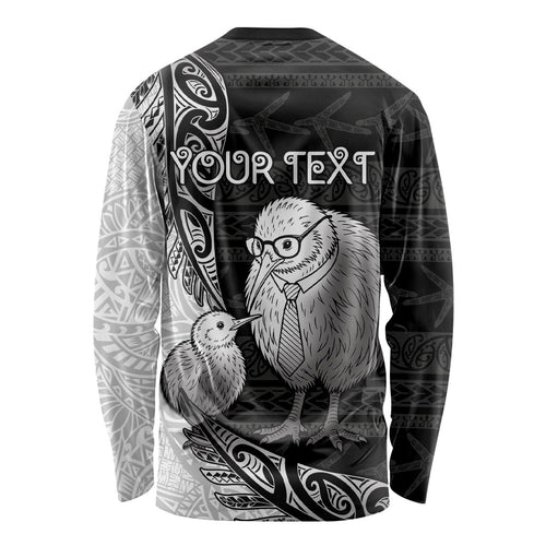 Personalised New Zealand Father's Day Long Sleeve Shirt Papa Kiwi Bird Tribal Pattern
