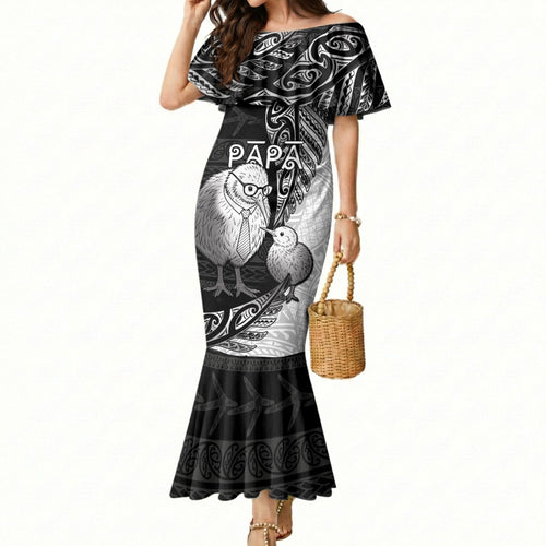 Personalised New Zealand Father's Day Mermaid Dress Papa Kiwi Bird Tribal Pattern