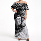 Personalised New Zealand Father's Day Off Shoulder Maxi Dress Papa Kiwi Bird Tribal Pattern