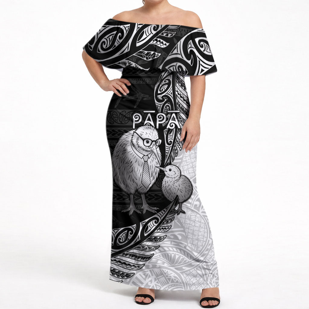 Personalised New Zealand Father's Day Off Shoulder Maxi Dress Papa Kiwi Bird Tribal Pattern