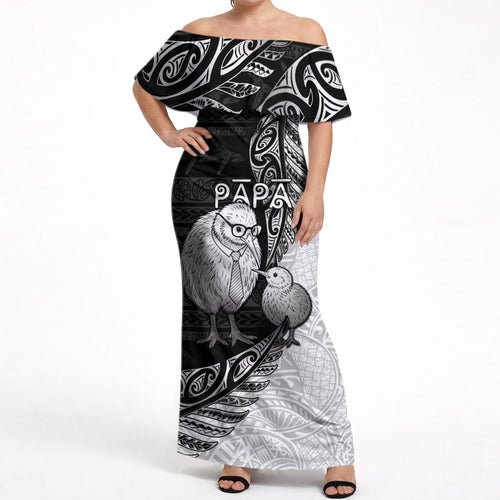 Personalised New Zealand Father's Day Off Shoulder Maxi Dress Papa Kiwi Bird Tribal Pattern