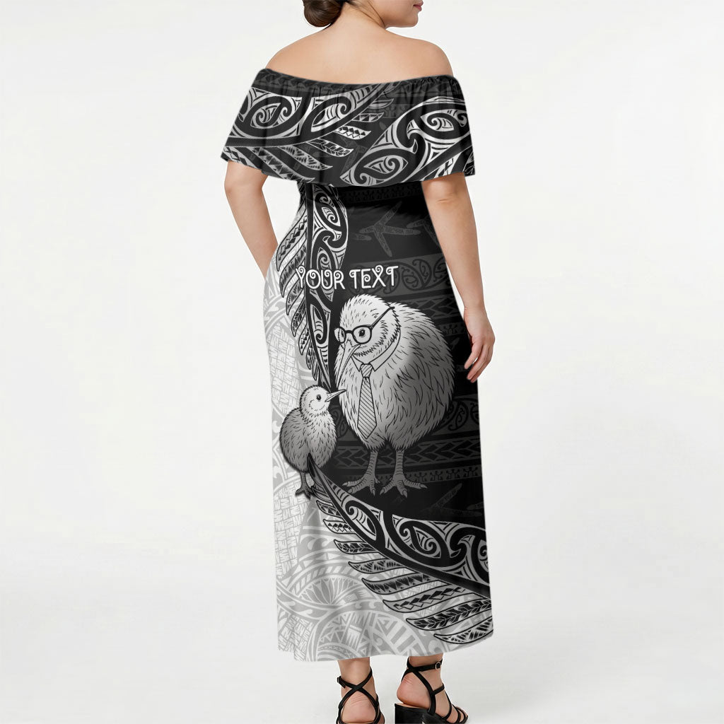 Personalised New Zealand Father's Day Off Shoulder Maxi Dress Papa Kiwi Bird Tribal Pattern