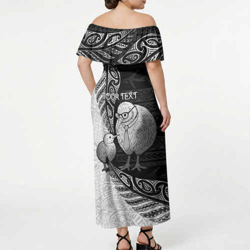 Personalised New Zealand Father's Day Off Shoulder Maxi Dress Papa Kiwi Bird Tribal Pattern