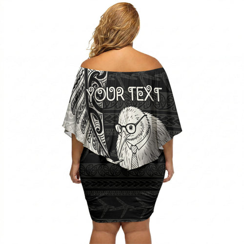 Personalised New Zealand Father's Day Off Shoulder Short Dress Papa Kiwi Bird Tribal Pattern