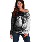 Personalised New Zealand Father's Day Off Shoulder Sweater Papa Kiwi Bird Tribal Pattern