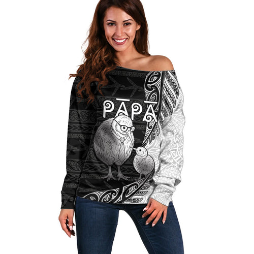 Personalised New Zealand Father's Day Off Shoulder Sweater Papa Kiwi Bird Tribal Pattern
