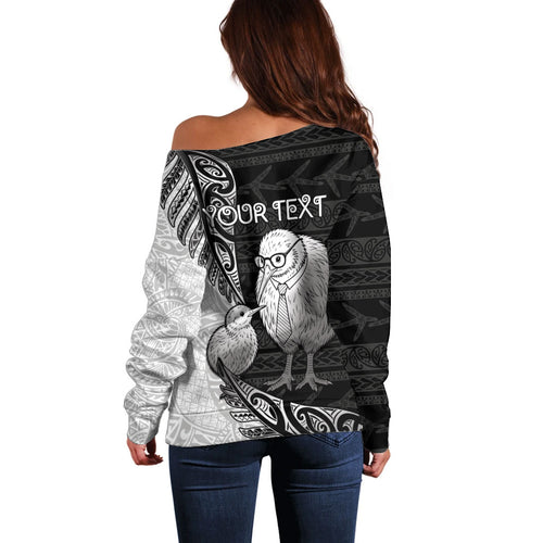 Personalised New Zealand Father's Day Off Shoulder Sweater Papa Kiwi Bird Tribal Pattern