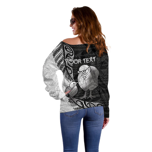 Personalised New Zealand Father's Day Off Shoulder Sweater Papa Kiwi Bird Tribal Pattern