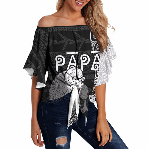 Personalised New Zealand Father's Day Off Shoulder Wrap Waist Top Papa Kiwi Bird Tribal Pattern