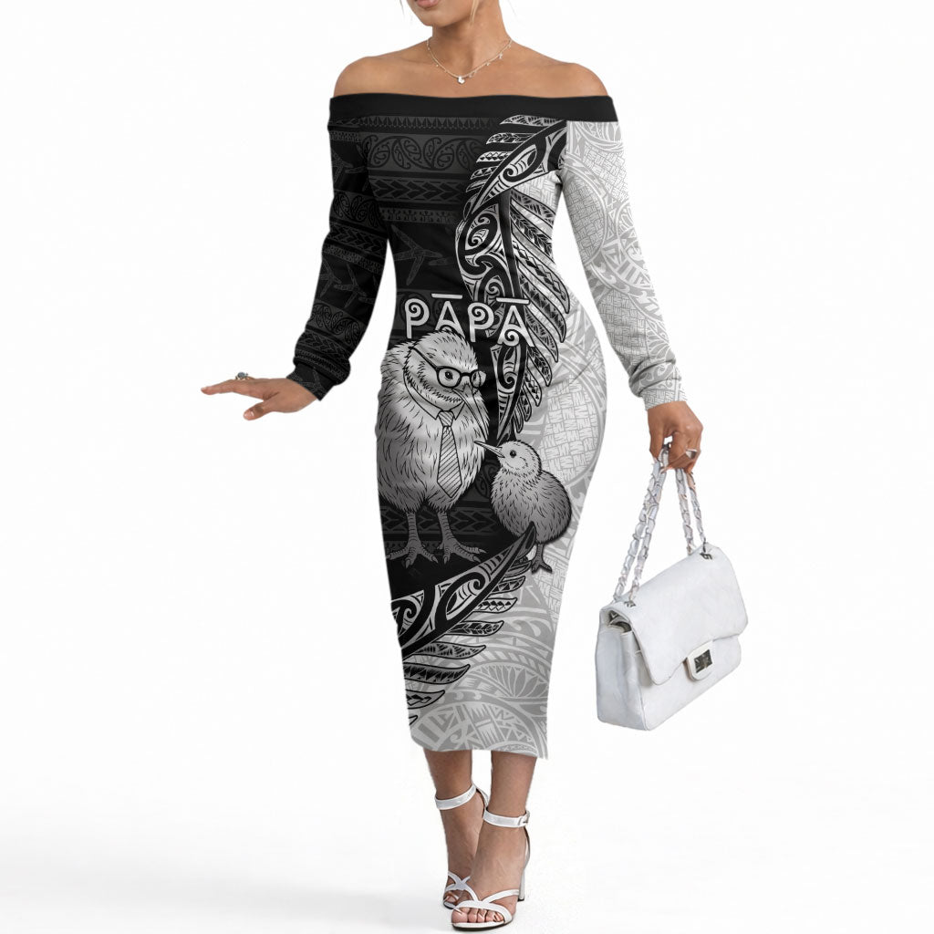 Personalised New Zealand Father's Day Off The Shoulder Long Sleeve Dress Papa Kiwi Bird Tribal Pattern