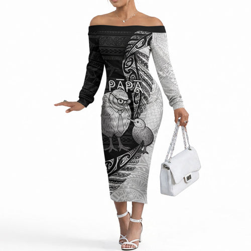 Personalised New Zealand Father's Day Off The Shoulder Long Sleeve Dress Papa Kiwi Bird Tribal Pattern