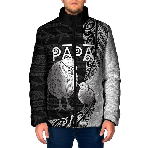 Personalised New Zealand Father's Day Padded Jacket Papa Kiwi Bird Tribal Pattern