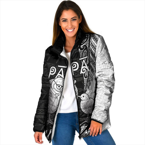Personalised New Zealand Father's Day Padded Jacket Papa Kiwi Bird Tribal Pattern