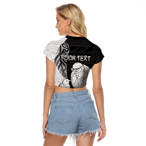Personalised New Zealand Father's Day Raglan Cropped T Shirt Papa Kiwi Bird Tribal Pattern