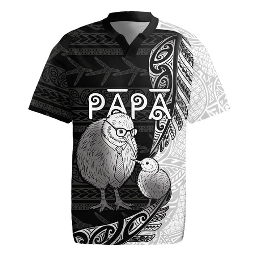 Personalised New Zealand Father's Day Rugby Jersey Papa Kiwi Bird Tribal Pattern