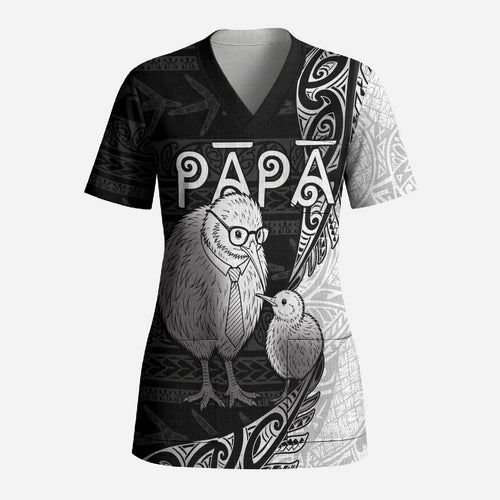 Personalised New Zealand Father's Day Scrub Top Papa Kiwi Bird Tribal Pattern
