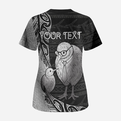 Personalised New Zealand Father's Day Scrub Top Papa Kiwi Bird Tribal Pattern