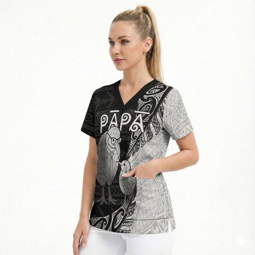 Personalised New Zealand Father's Day Scrub Top Papa Kiwi Bird Tribal Pattern