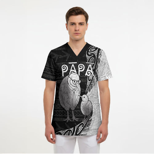 Personalised New Zealand Father's Day Scrub Top Papa Kiwi Bird Tribal Pattern