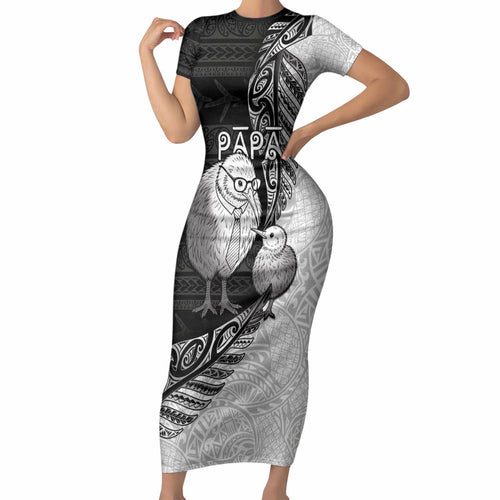Personalised New Zealand Father's Day Short Sleeve Bodycon Dress Papa Kiwi Bird Tribal Pattern