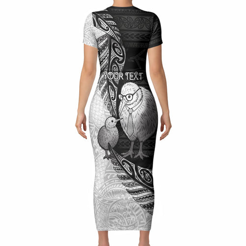 Personalised New Zealand Father's Day Short Sleeve Bodycon Dress Papa Kiwi Bird Tribal Pattern