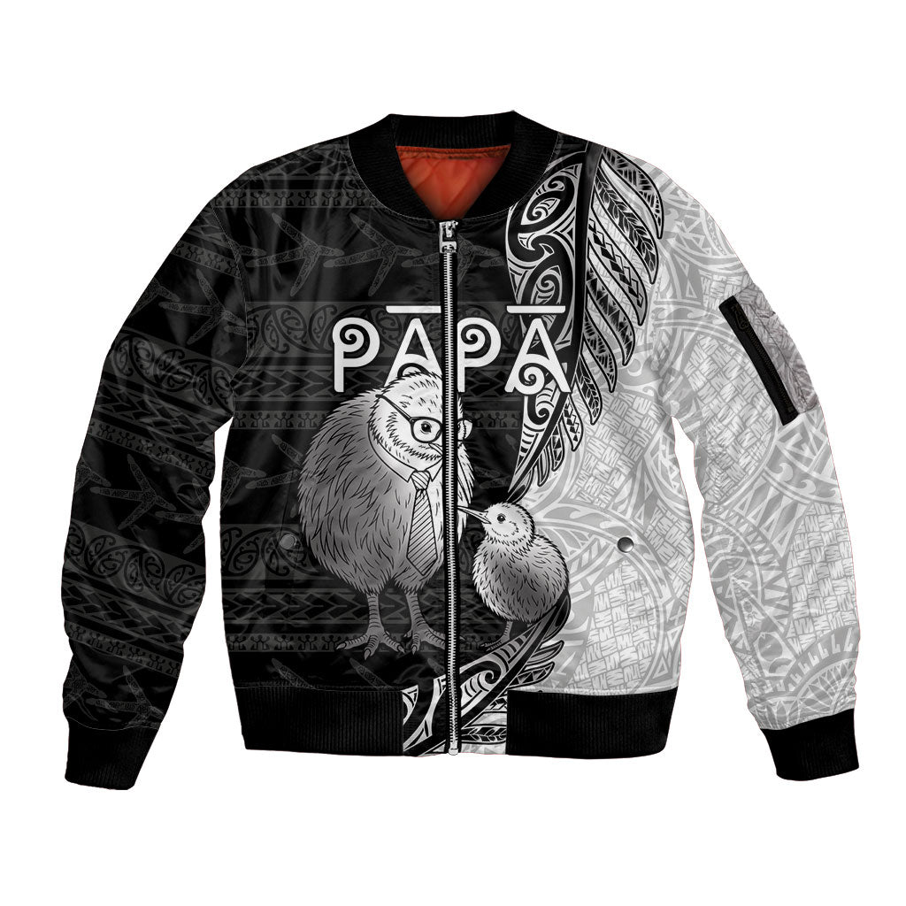 Personalised New Zealand Father's Day Sleeve Zip Bomber Jacket Papa Kiwi Bird Tribal Pattern