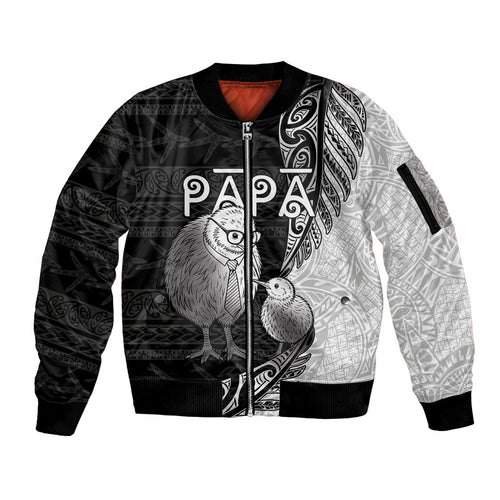 Personalised New Zealand Father's Day Sleeve Zip Bomber Jacket Papa Kiwi Bird Tribal Pattern