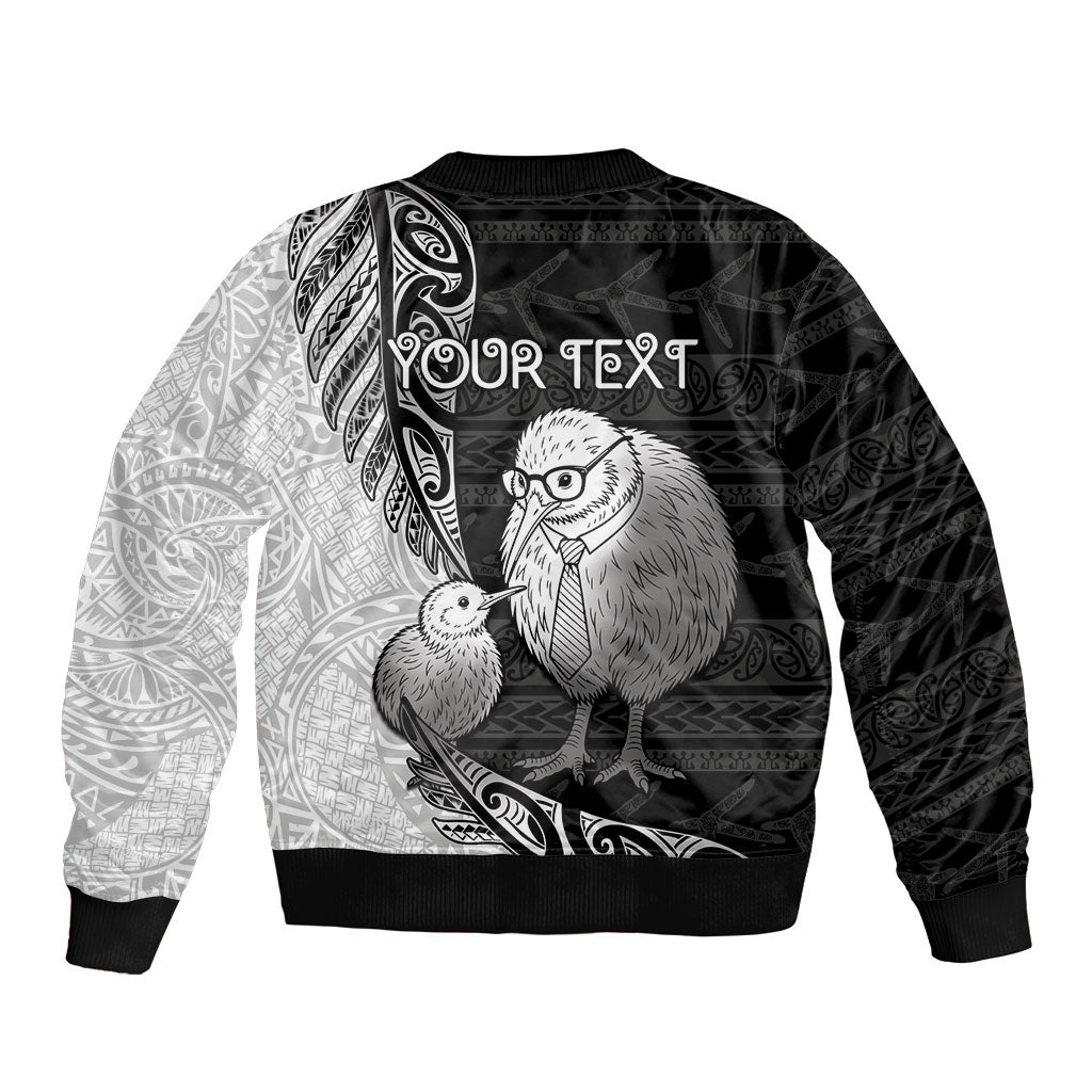 Personalised New Zealand Father's Day Sleeve Zip Bomber Jacket Papa Kiwi Bird Tribal Pattern