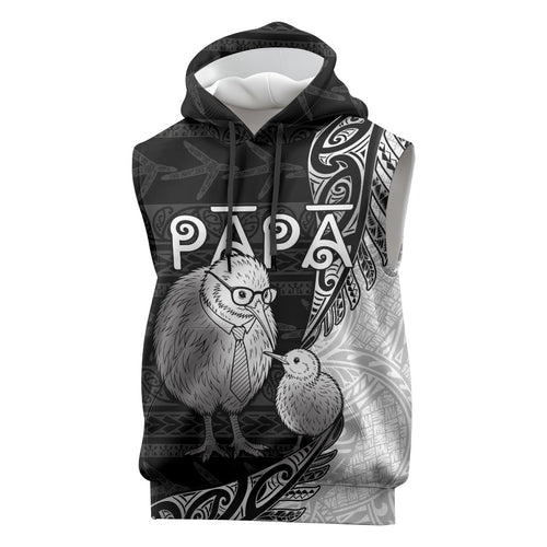 Personalised New Zealand Father's Day Sleeveless Hoodie Papa Kiwi Bird Tribal Pattern