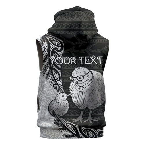 Personalised New Zealand Father's Day Sleeveless Hoodie Papa Kiwi Bird Tribal Pattern