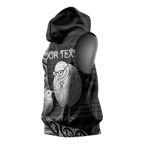 Personalised New Zealand Father's Day Sleeveless Hoodie Papa Kiwi Bird Tribal Pattern