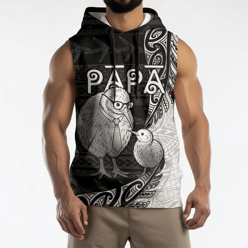 Personalised New Zealand Father's Day Sleeveless Hoodie Papa Kiwi Bird Tribal Pattern