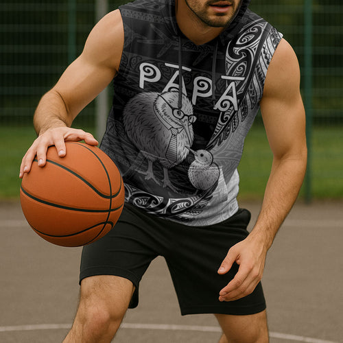 Personalised New Zealand Father's Day Sleeveless Hoodie Papa Kiwi Bird Tribal Pattern