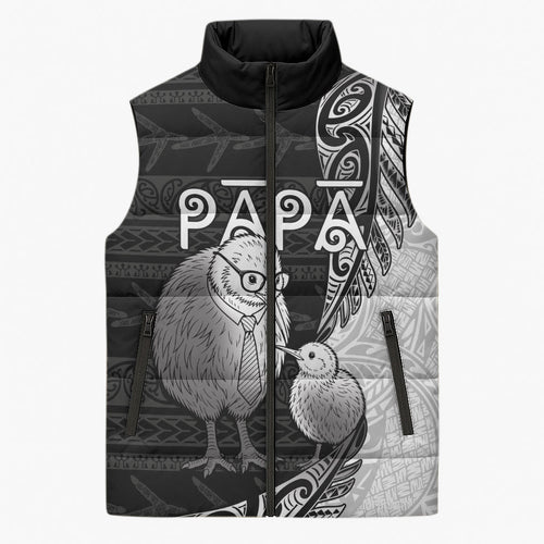 Personalised New Zealand Father's Day Sleeveless Puffer Jacket Papa Kiwi Bird Tribal Pattern