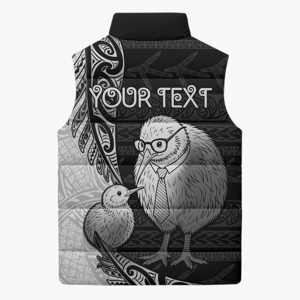 Personalised New Zealand Father's Day Sleeveless Puffer Jacket Papa Kiwi Bird Tribal Pattern