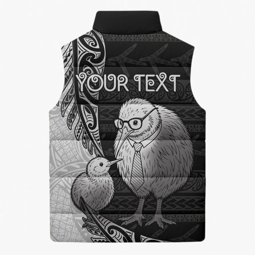 Personalised New Zealand Father's Day Sleeveless Puffer Jacket Papa Kiwi Bird Tribal Pattern