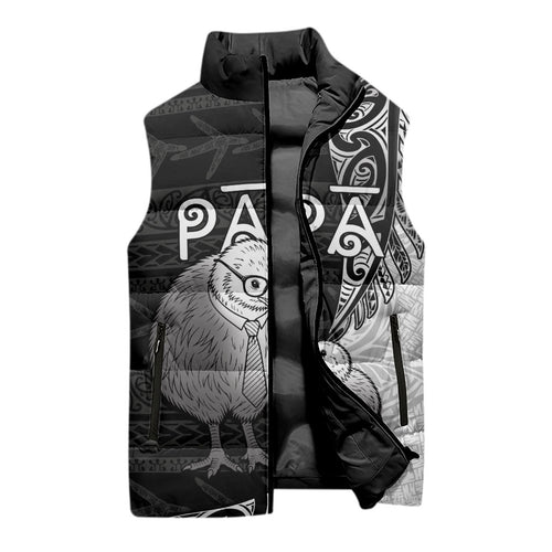 Personalised New Zealand Father's Day Sleeveless Puffer Jacket Papa Kiwi Bird Tribal Pattern