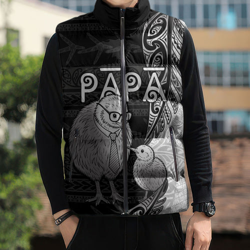 Personalised New Zealand Father's Day Sleeveless Puffer Jacket Papa Kiwi Bird Tribal Pattern