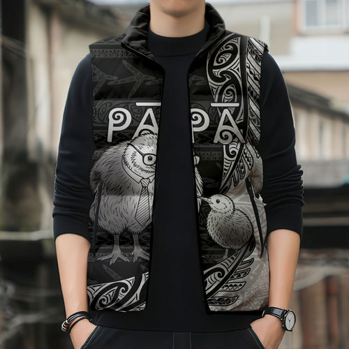 Personalised New Zealand Father's Day Sleeveless Puffer Jacket Papa Kiwi Bird Tribal Pattern