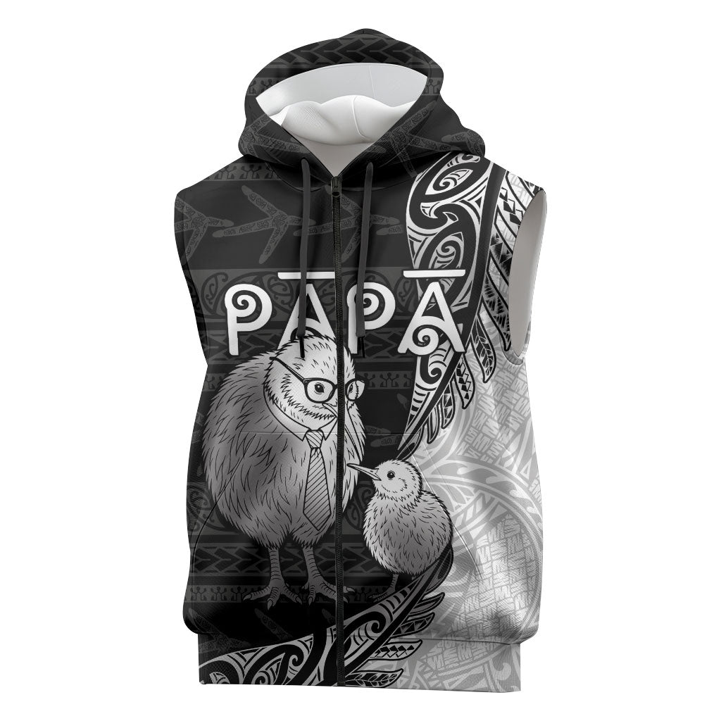 Personalised New Zealand Father's Day Sleeveless Zip Hoodie Papa Kiwi Bird Tribal Pattern