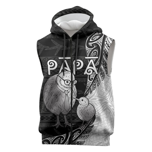Personalised New Zealand Father's Day Sleeveless Zip Hoodie Papa Kiwi Bird Tribal Pattern