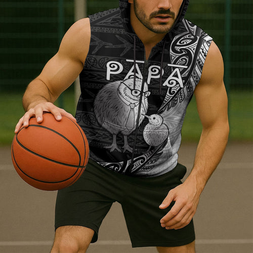 Personalised New Zealand Father's Day Sleeveless Zip Hoodie Papa Kiwi Bird Tribal Pattern