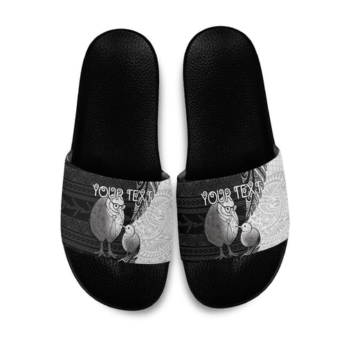 Personalised New Zealand Father's Day Slide Sandals Papa Kiwi Bird Tribal Pattern