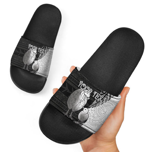 Personalised New Zealand Father's Day Slide Sandals Papa Kiwi Bird Tribal Pattern
