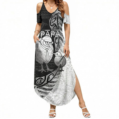 Personalised New Zealand Father's Day Summer Maxi Dress Papa Kiwi Bird Tribal Pattern