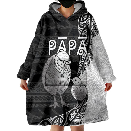 Personalised New Zealand Father's Day Wearable Blanket Hoodie Papa Kiwi Bird Tribal Pattern