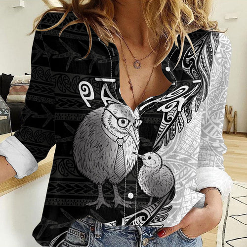 Personalised New Zealand Father's Day Women Casual Shirt Papa Kiwi Bird Tribal Pattern
